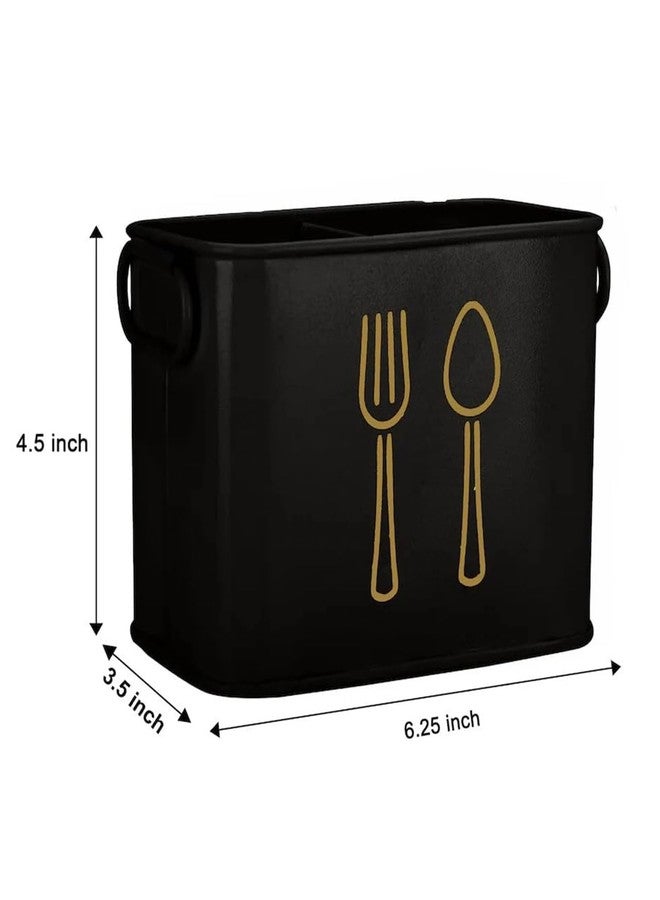 AG Enterprises Metal Utensil Holder, Black Dual-Compartment Cutlery Organizer, Gold Fork Spoon Design, Kitchen Countertop Flatware Caddy - Image 3